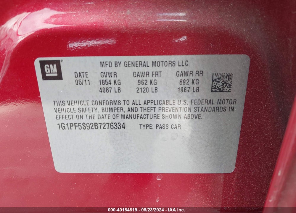 2011 CHEVROLET CRUZE 1LT VIN: 1G1PF5S92B7276334