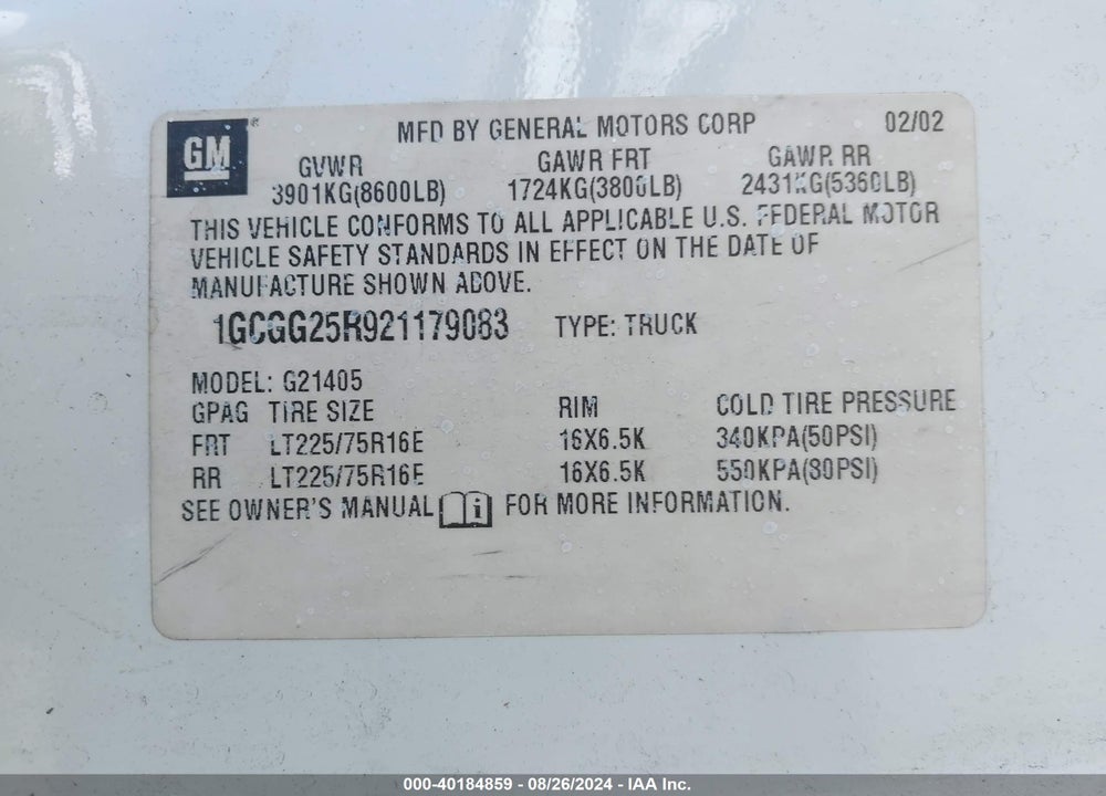 2002 CHEVROLET EXPRESS VIN: 1GCGG25R921179083