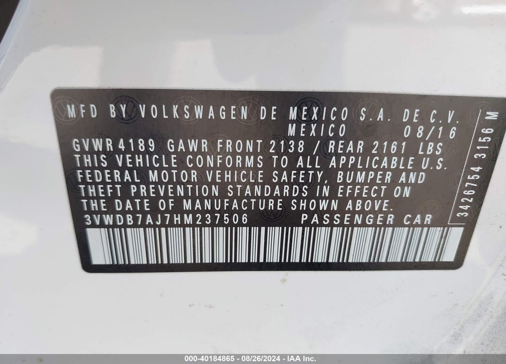 2017 VOLKSWAGEN JETTA 1.4T SE VIN: 3VWDB7AJ7HM237506
