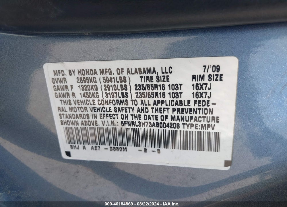 2010 HONDA ODYSSEY EX-L VIN: 5FNRL3H73AB004208