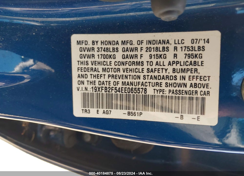 2014 HONDA CIVIC LX VIN: 19XFB2F54EE065578