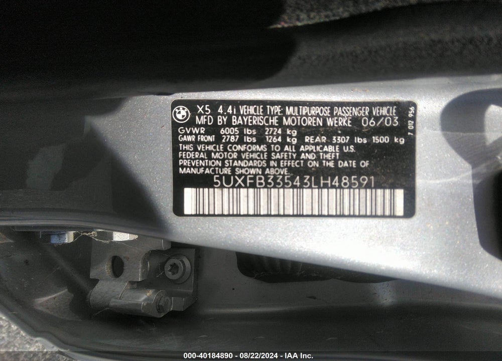 2003 BMW X5 4.4I VIN: 5UXFB33543LH48591