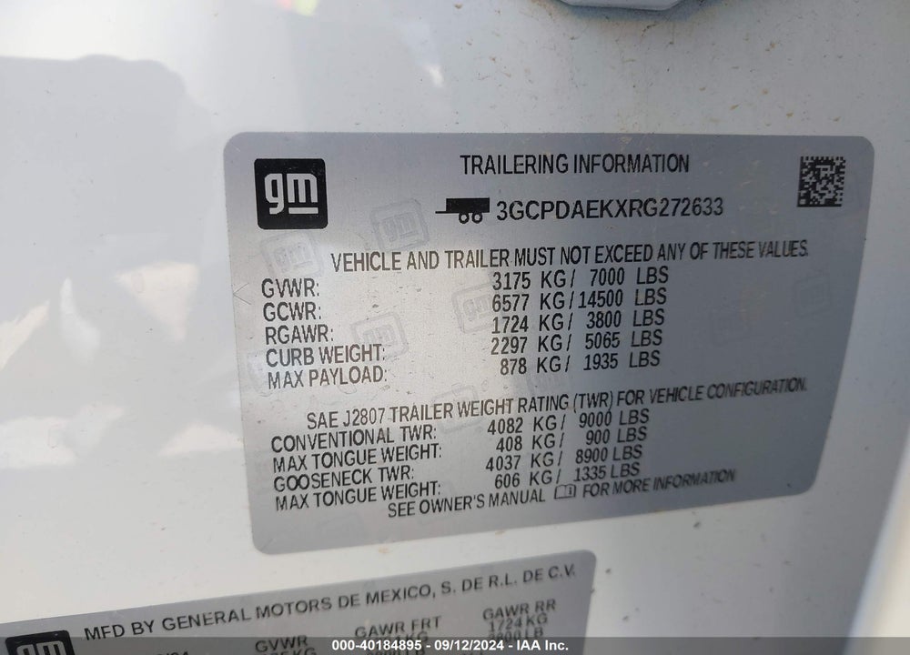 2024 CHEVROLET SILVERADO 1500 4WD STANDARD BED WT VIN: 3GCPDAEKXRG272633