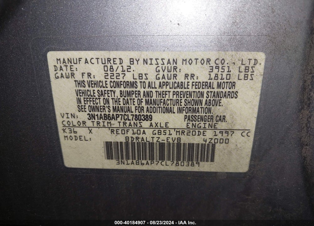 2012 NISSAN SENTRA 2.0 S VIN: 3N1AB6AP7CL780389