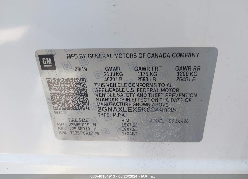 2019 CHEVROLET EQUINOX LT VIN: 2GNAXLEX5K6249435