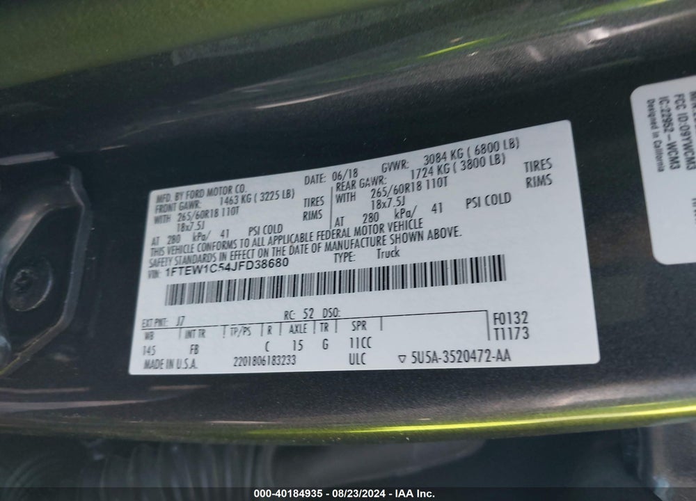 2018 FORD F-150 XLT VIN: 1FTEW1C54JFD38680