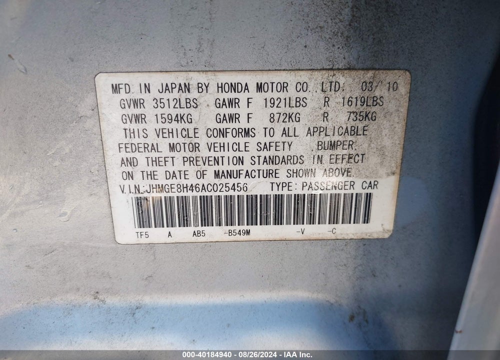 2010 HONDA FIT SPORT VIN: JHMGE8H46AC025456