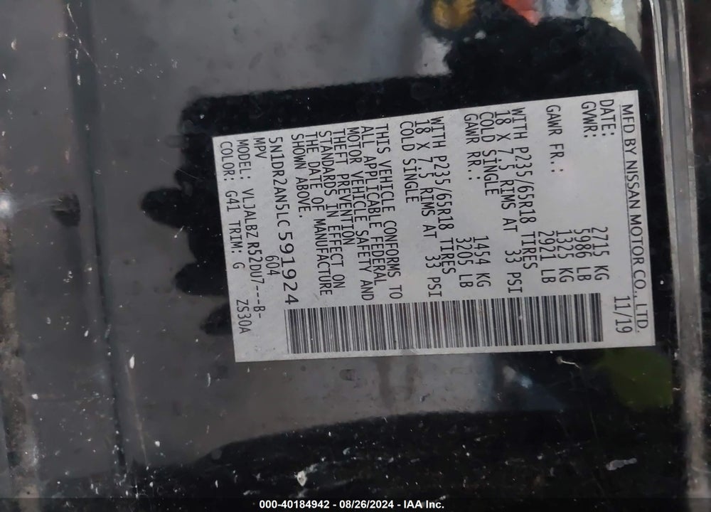 2020 NISSAN PATHFINDER S 2WD VIN: 5N1DR2AN5LC591924