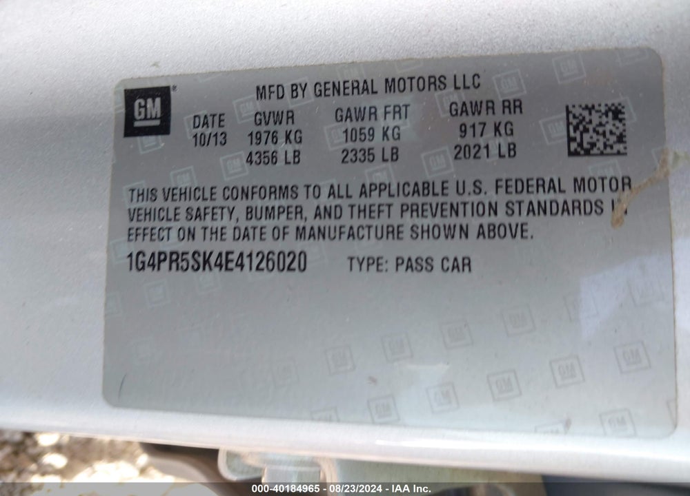 2014 BUICK VERANO CONVENIENCE GROUP VIN: 1G4PR5SK4E4126020
