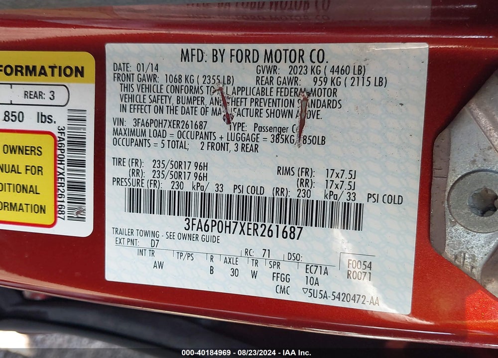 2014 FORD FUSION SE VIN: 3FA6P0H7XER261687