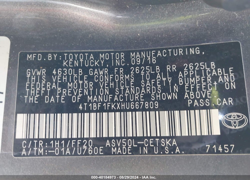 2017 TOYOTA CAMRY SE VIN: 4T1BF1FKXHU667809