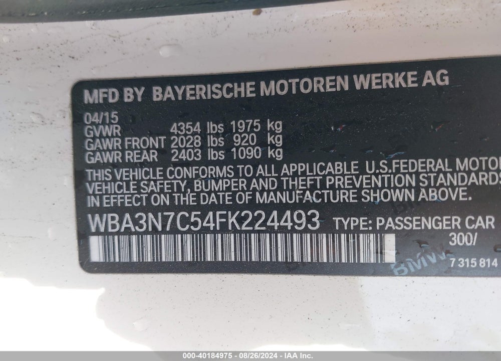 2015 BMW 428I VIN: WBA3N7C54FK224493