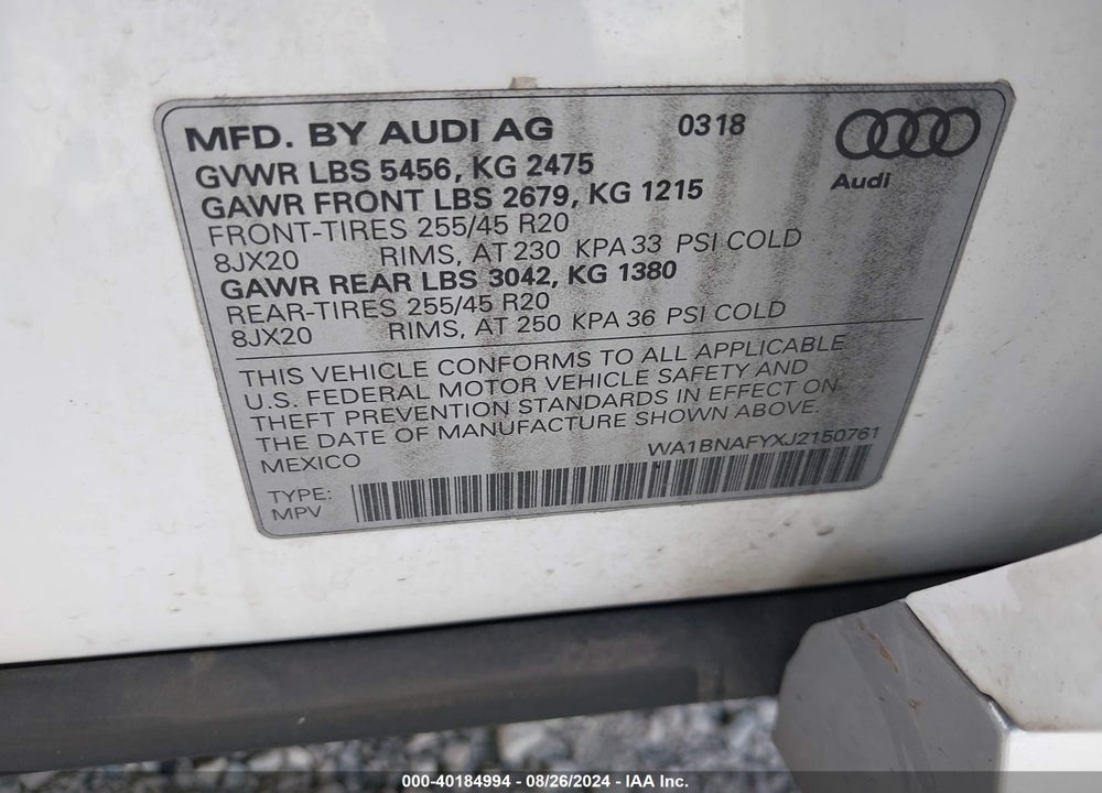 2018 AUDI Q5 2.0T PREMIUM/2.0T TECH PREMIUM VIN: WA1BNAFYXJ2150761