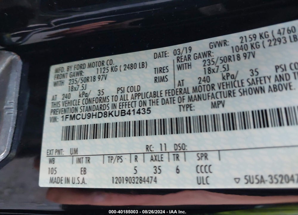 2019 FORD ESCAPE SEL VIN: 1FMCU9HD8KUB41435