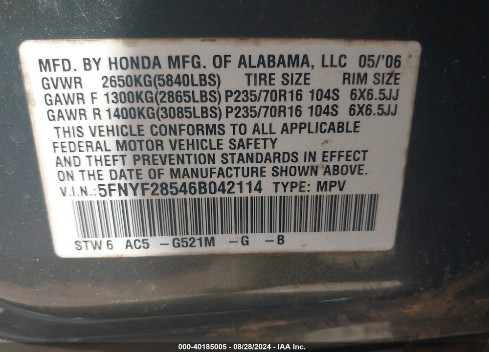 2006 HONDA PILOT EX-L VIN: 5FNYF28546B042114