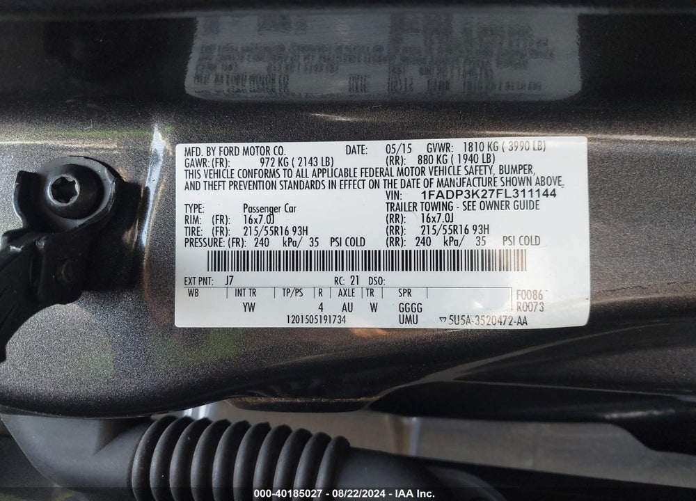 2015 FORD FOCUS SE VIN: 1FADP3K27FL311144
