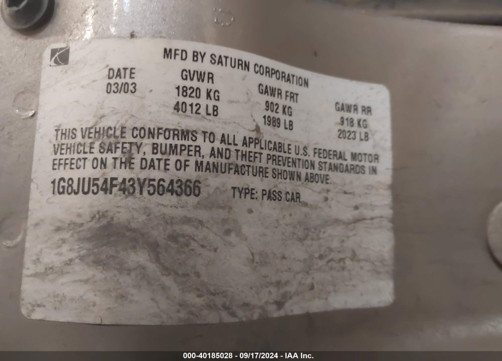 2003 SATURN L-SERIES L200 VIN: 1G8JU54F43Y564366