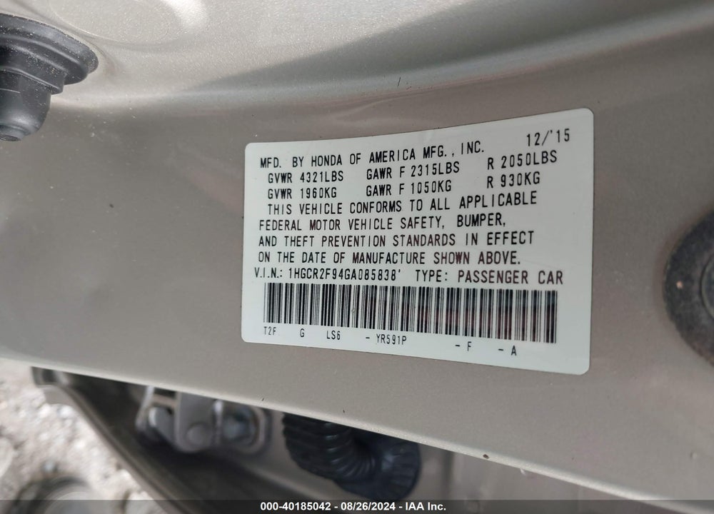 2016 HONDA ACCORD EX-L VIN: 1HGCR2F94GA085838