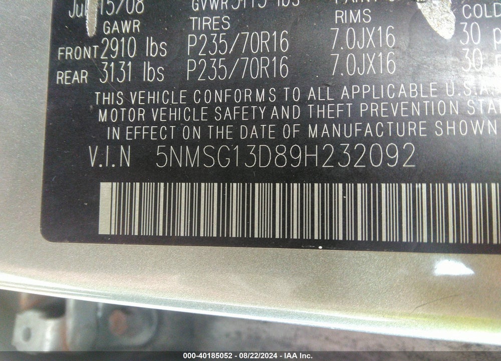 2009 HYUNDAI SANTA FE GLS VIN: 5NMSG13D89H232092