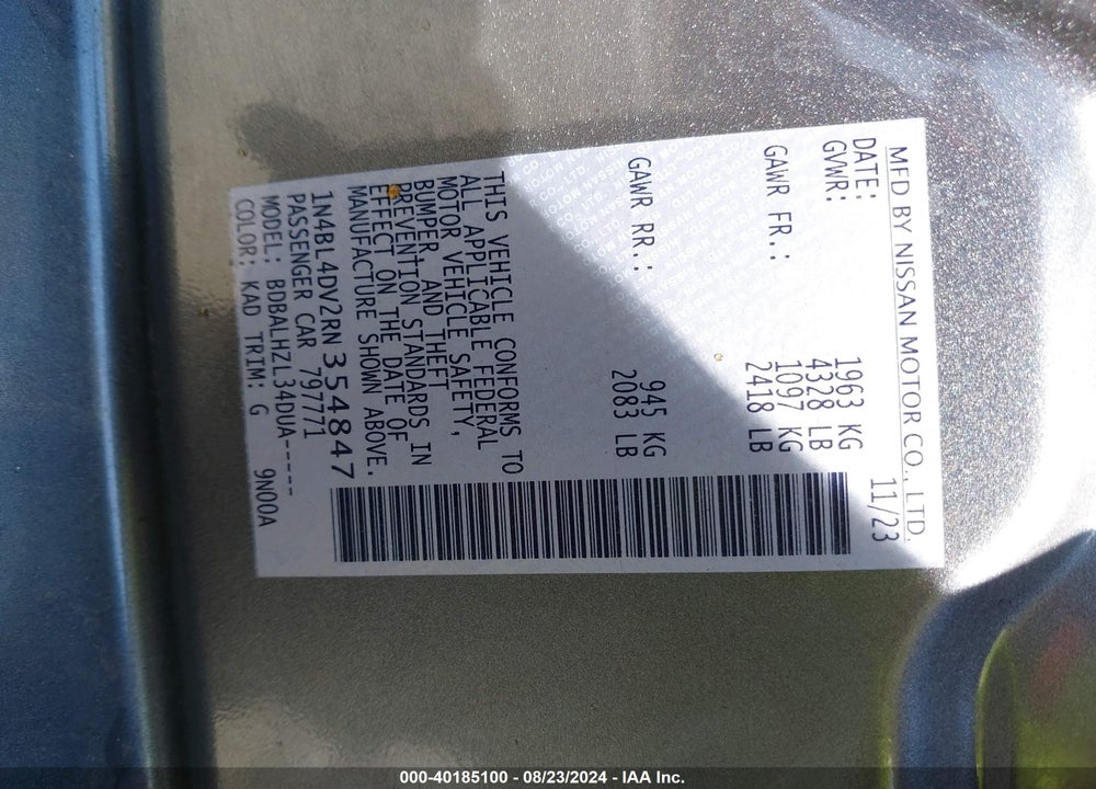 2024 NISSAN ALTIMA SV FWD VIN: 1N4BL4DV2RN354847