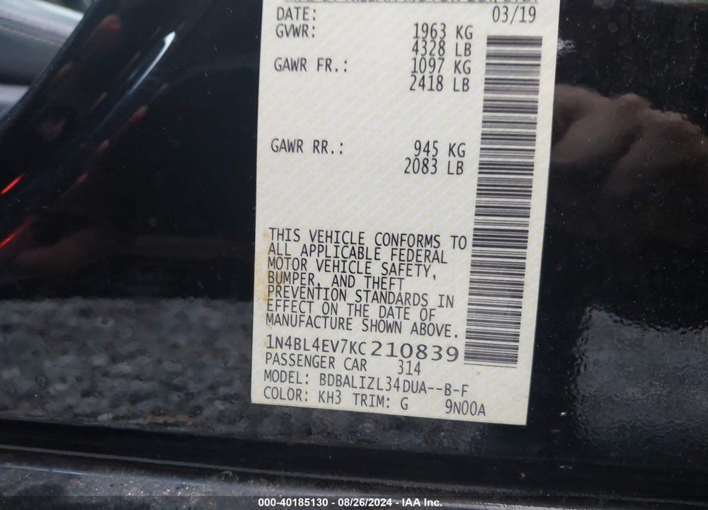2019 NISSAN ALTIMA 2.5 SL VIN: 1N4BL4EV7KC210839