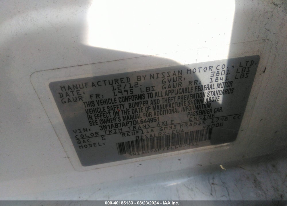 2013 NISSAN SENTRA SR VIN: 3N1AB7AP7DL644951