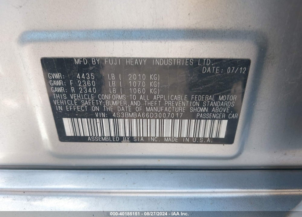 2013 SUBARU LEGACY 2.5I VIN: 4S3BMBA66D3007017