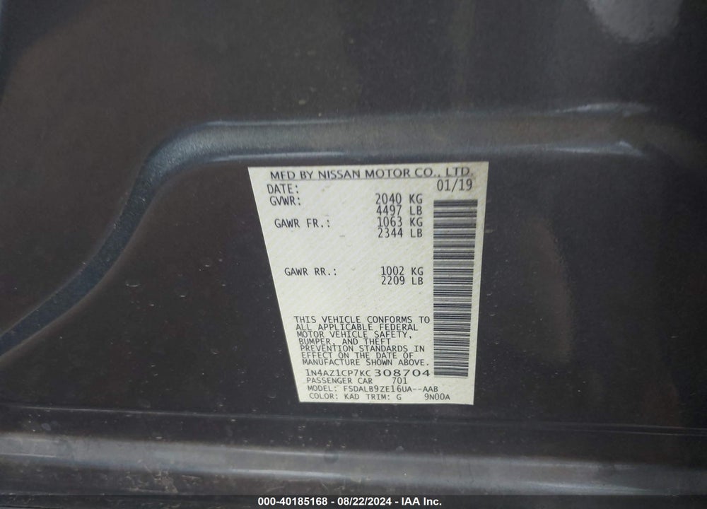2019 NISSAN LEAF S VIN: 1N4AZ1CP7KC308704