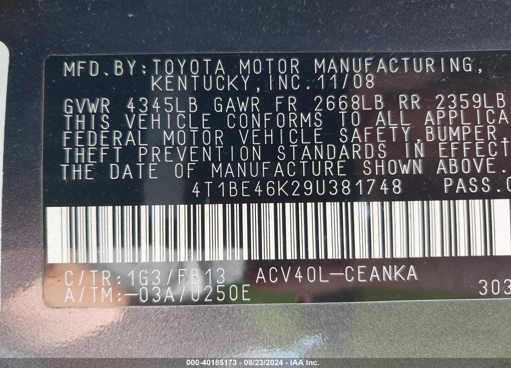 2009 TOYOTA CAMRY LE VIN: 4T1BE46K29U381748