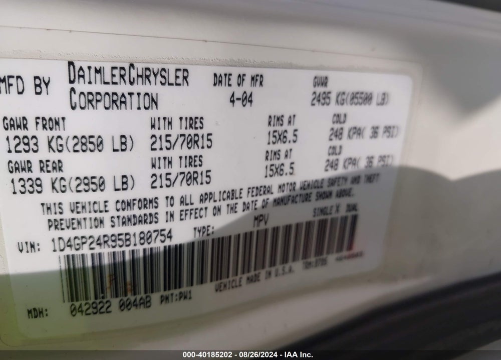 2005 DODGE GRAND CARAVAN SE VIN: 1D4GP24R95B180754