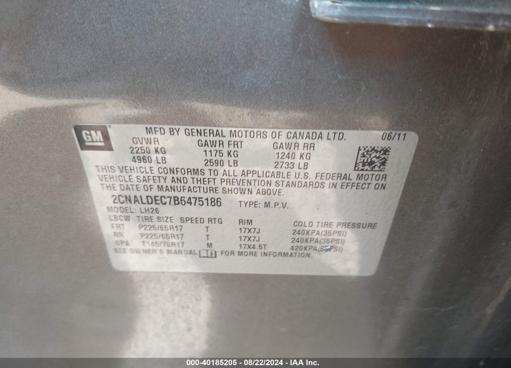 2011 CHEVROLET EQUINOX 1LT VIN: 2CNALDEC7B6475186