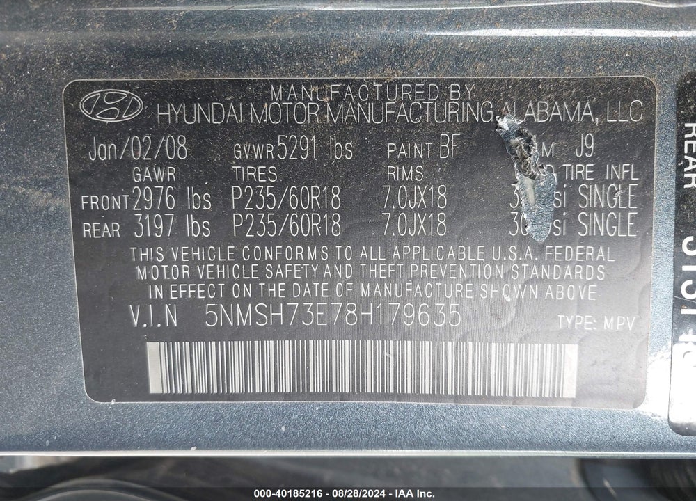 2008 HYUNDAI SANTA FE SE/LIMITED VIN: 5NMSH73E78H179635