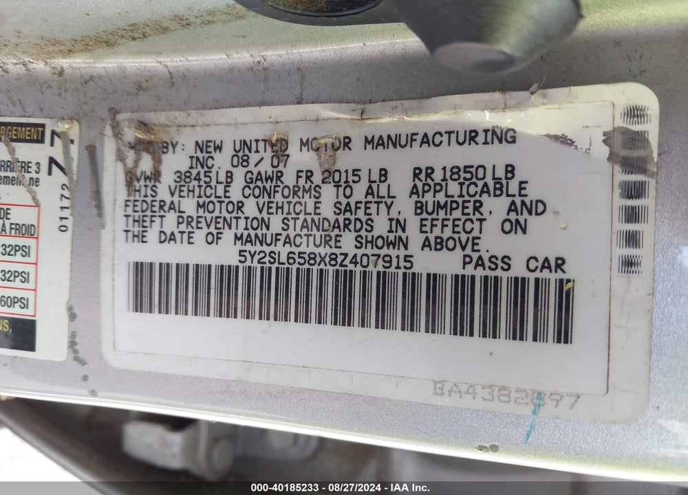 2008 PONTIAC VIBE VIN: 5Y2SL658X8Z407915
