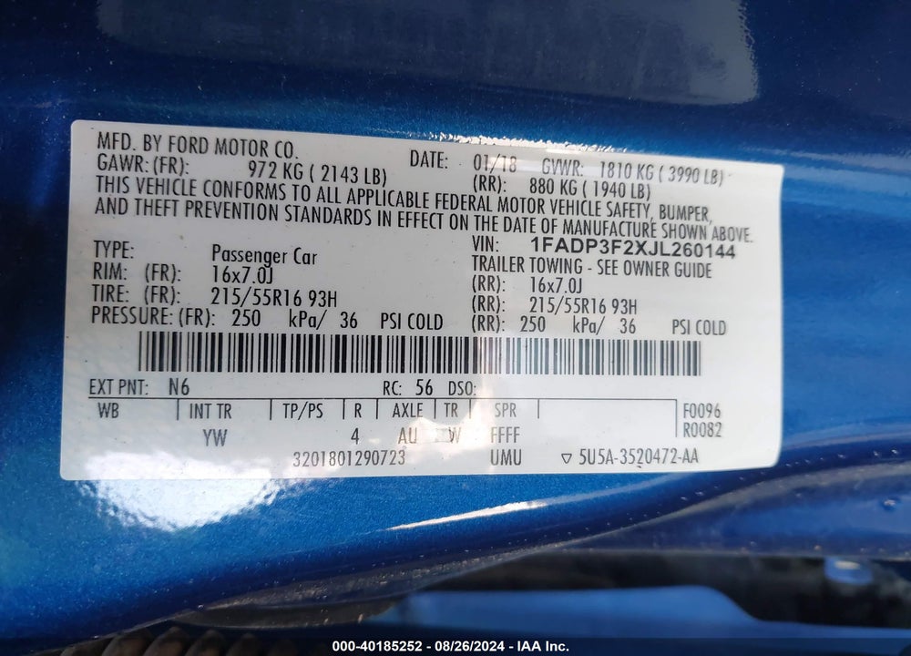 2018 FORD FOCUS SE VIN: 1FADP3F2XJL260144