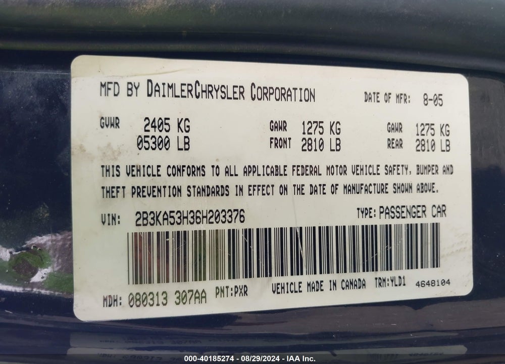 2006 DODGE CHARGER RT VIN: 2B3KA53H36H203376