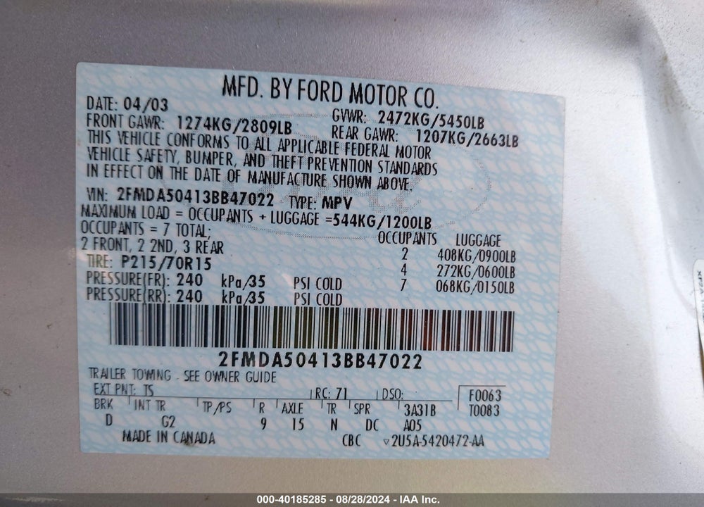 2003 FORD WINDSTAR STANDARD VIN: 2FMDA50413BB47022