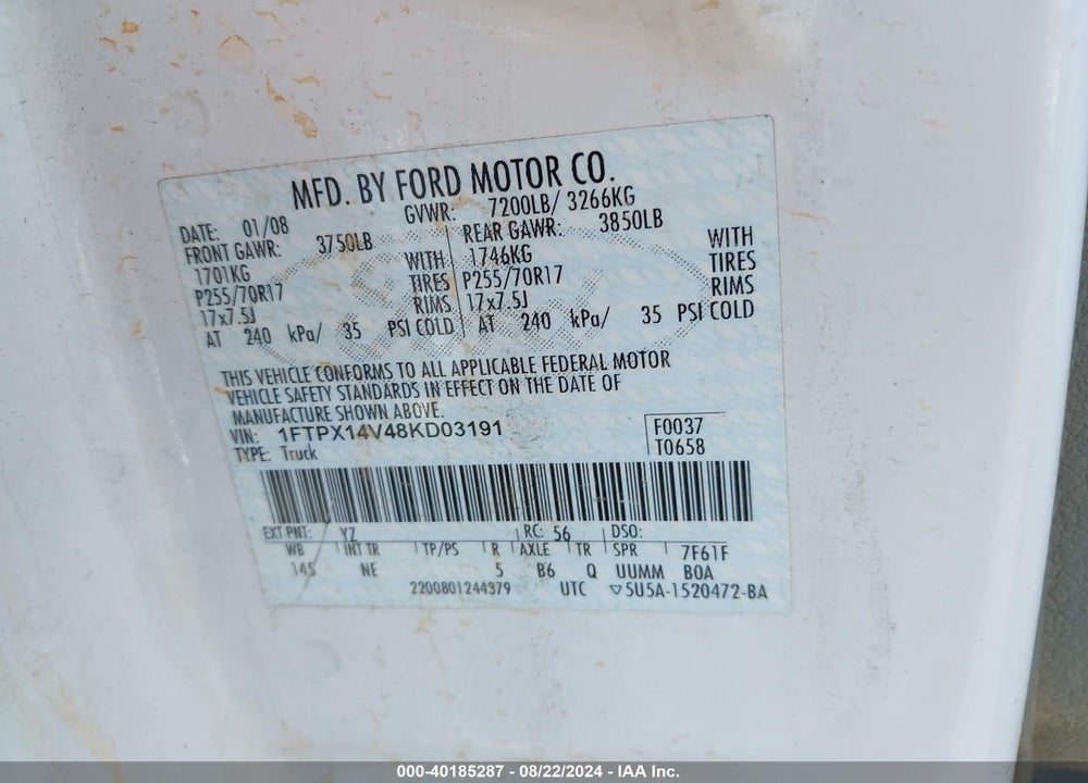 2008 FORD F-150 FX4/LARIAT/XL/XLT VIN: 1FTPX14V48KD03191