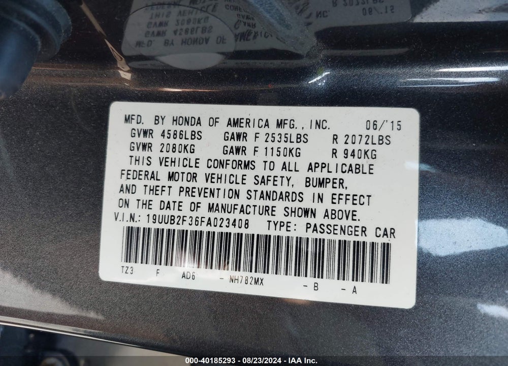 2015 ACURA TLX V6 VIN: 19UUB2F36FA023408