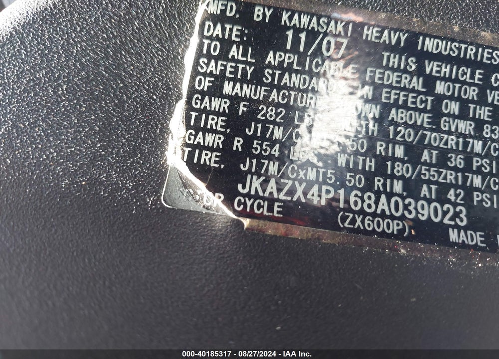 2008 KAWASAKI ZX600 P VIN: JKAZX4P168A039023