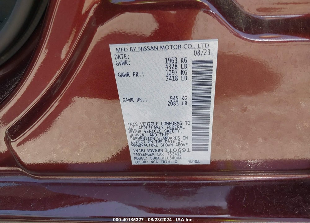 2024 NISSAN ALTIMA SV FWD VIN: 1N4BL4DV8RN310691