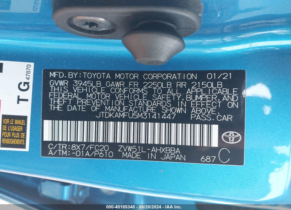 2021 TOYOTA PRIUS L ECO VIN: JTDKAMFU5M3141447