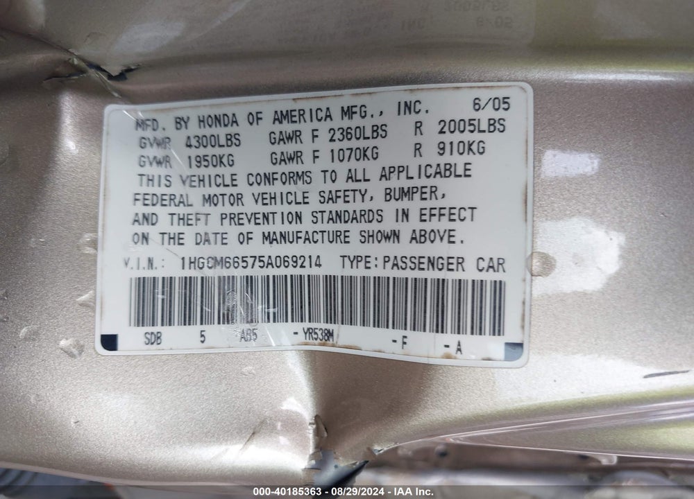2005 HONDA ACCORD 3.0 EX VIN: 1HGCM66575A069214