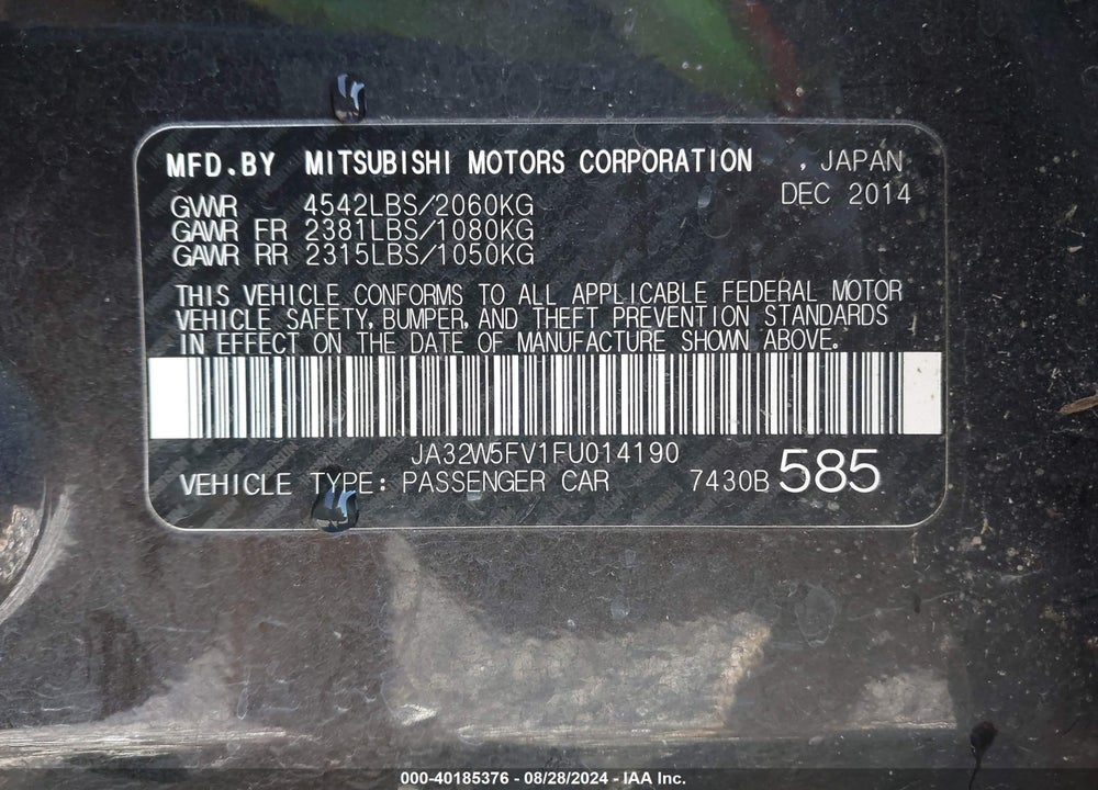 2015 MITSUBISHI LANCER EVOLUTION MR VIN: JA32W5FV1FU014190