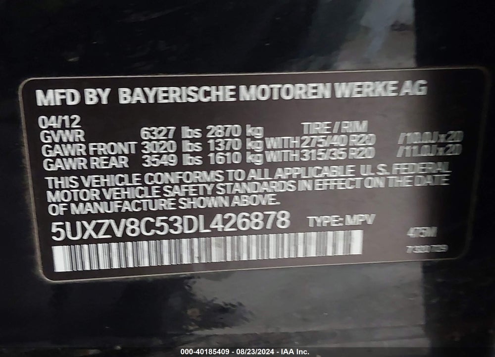 2013 BMW X5 XDRIVE50I VIN: 5UXZV8C53DL426878