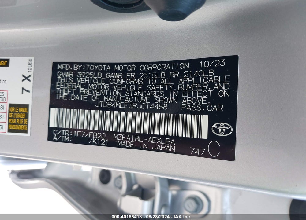2024 TOYOTA COROLLA LE VIN: JTDB4MEE3RJ014488
