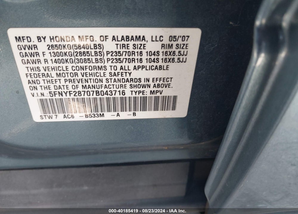 2007 HONDA PILOT EX-L VIN: 5FNYF28707B043716