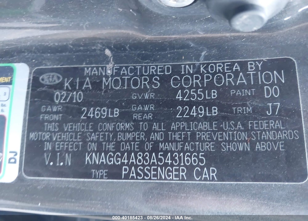 2010 KIA OPTIMA LX VIN: KNAGG4A83A5431665
