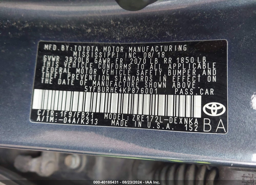 2019 TOYOTA COROLLA LE VIN: 5YFBURHE4KP876001