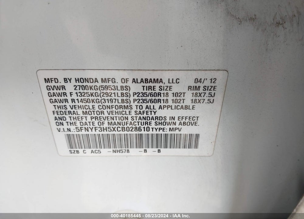 2012 HONDA PILOT EX-L VIN: 5FNYF3H5XCB028610