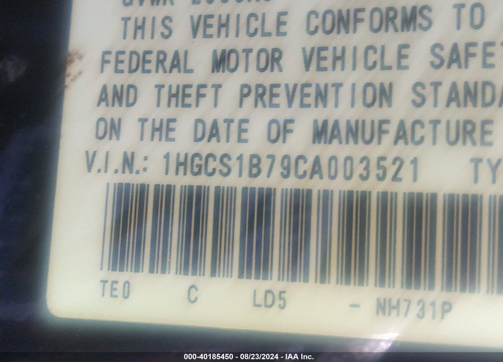 2012 HONDA ACCORD 2.4 EX VIN: 1HGCS1B79CA003521
